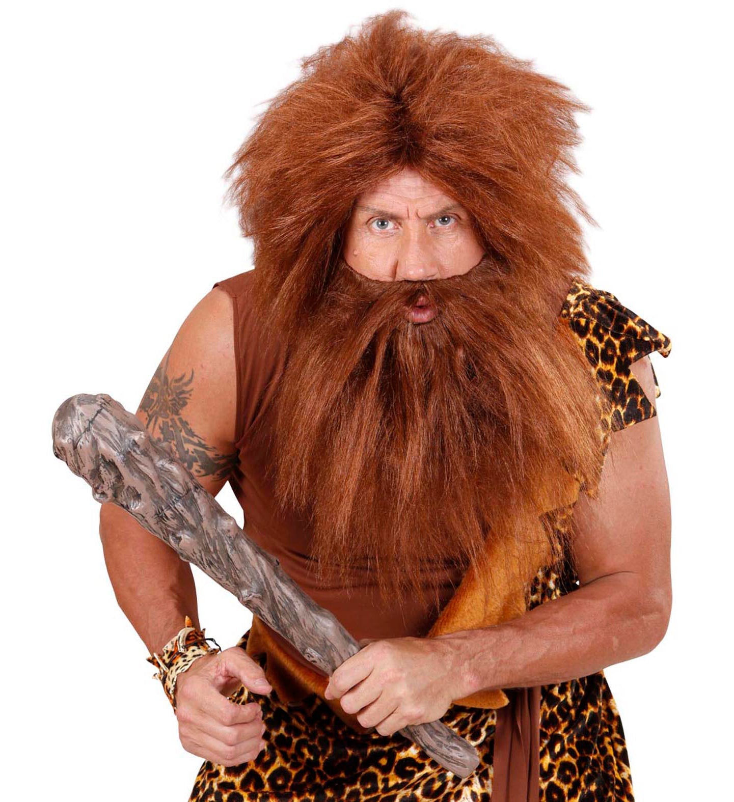 Man in brown synthetic pirate wig and beard set with shoulder-length hair and goatee.