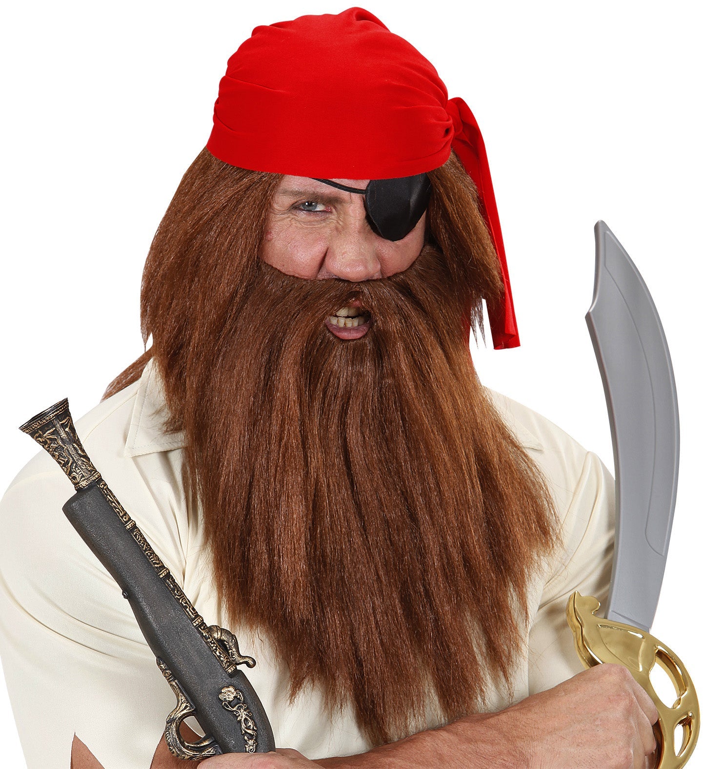 Brown synthetic pirate wig and beard set for men with shoulder-length hair and goatee.