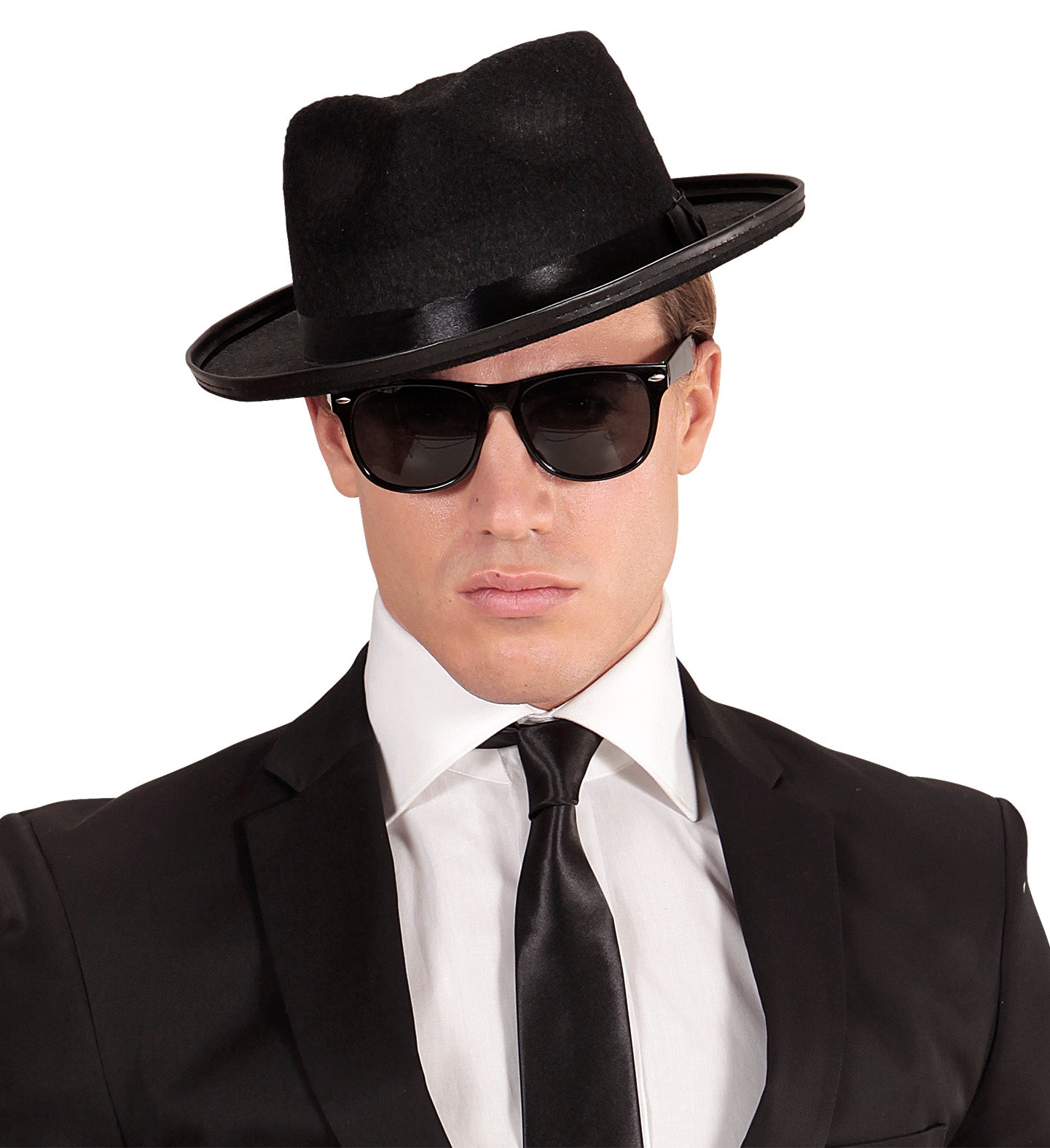 Schwarze Sonnenbrille mit dunklen Gläsern und UV-Schutz für verschiedene Charaktere.