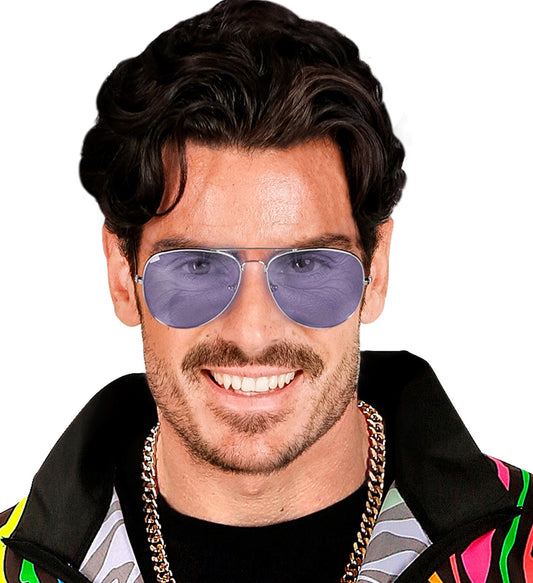 Runde Brille mit blauen verspiegelten Gläsern und silbernem Metallgestell