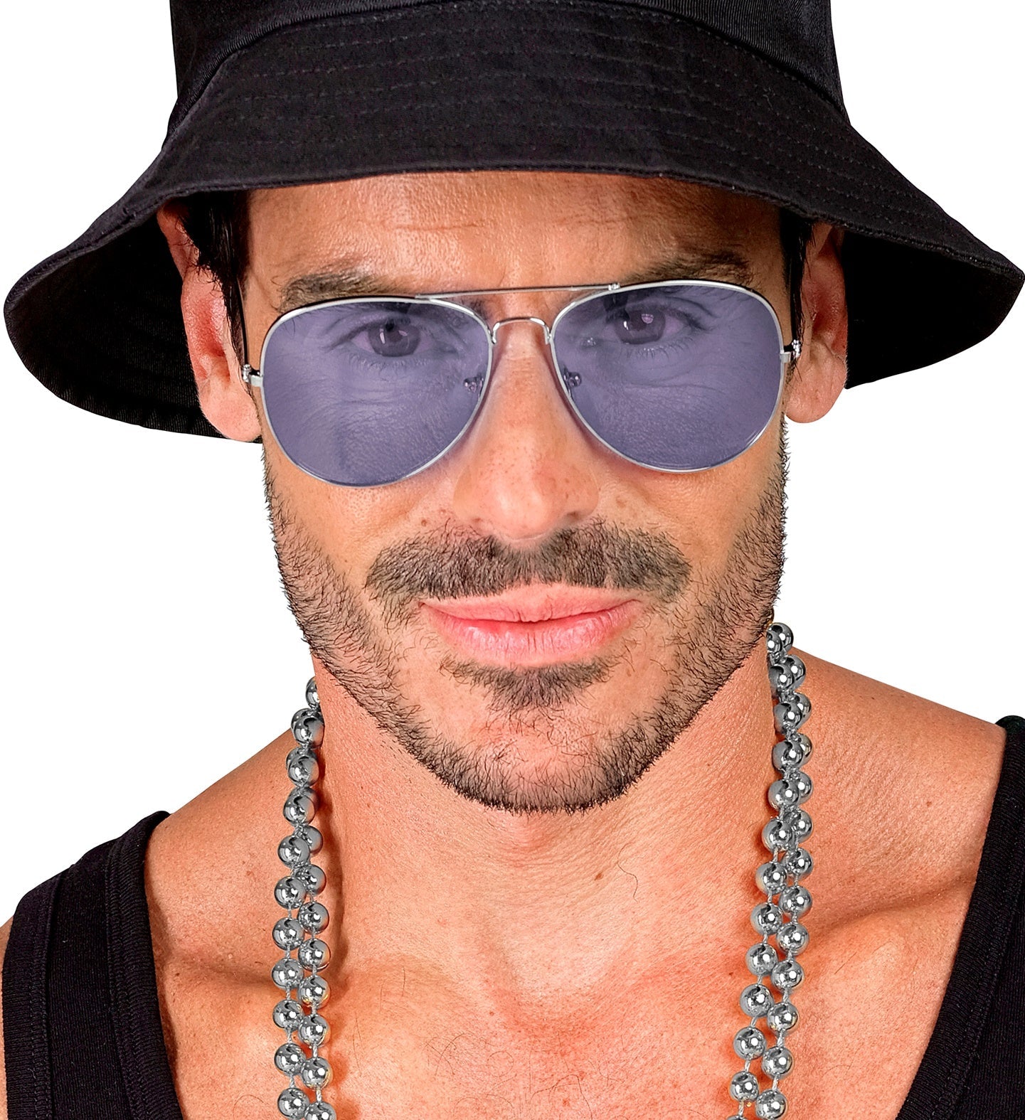 Runde Brille mit blauen verspiegelten Gläsern und silbernem Metallgestell auf weißem Hintergrund