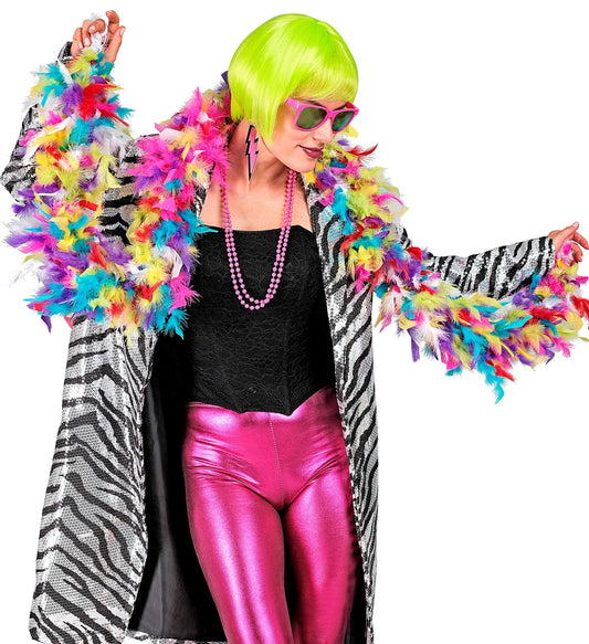 Vibrant neon rainbow feather boa, 1.8m long, draped over a model in zebra coat and pink pants.