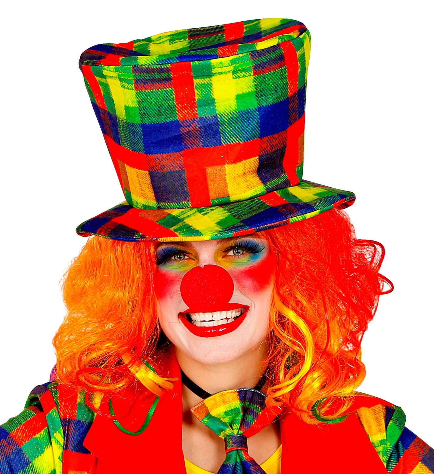 Bunter Clown-Zylinder aus Filz mit Regenbogenstreifen für Erwachsene.
