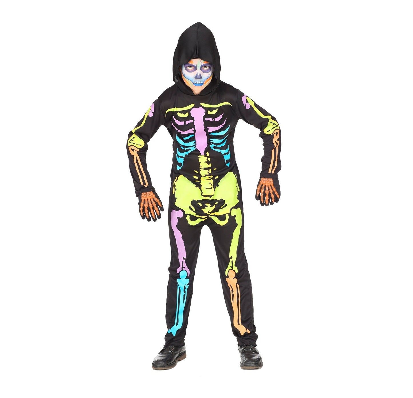 Bunter Skelett-Overall für Jungen mit Kapuze aus schwarzem Stoff und farbigen Knochenmustern