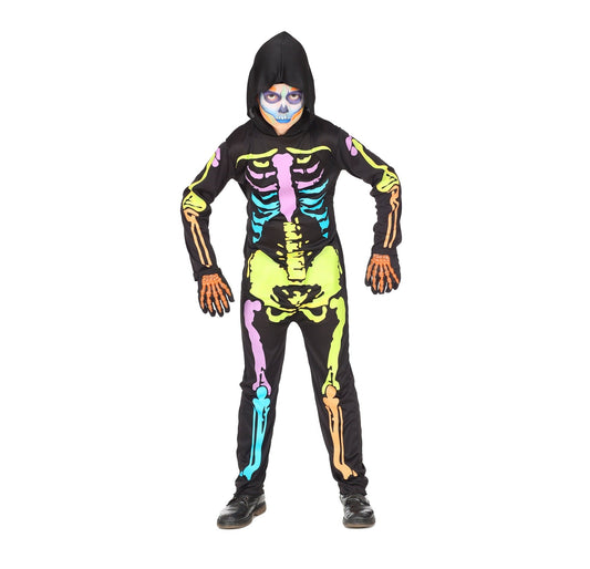 Bunter Skelett-Overall für Jungen mit Kapuze aus schwarzem Stoff und farbigen Knochenmustern