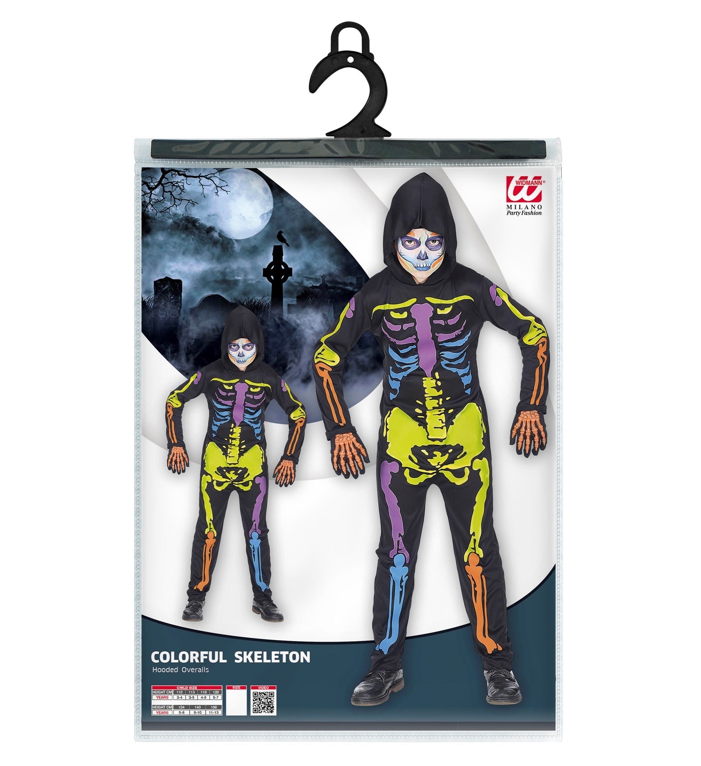 Buntes Skelettkostüm für Jungen in Schwarz mit farbigen Knochen und Kapuze.