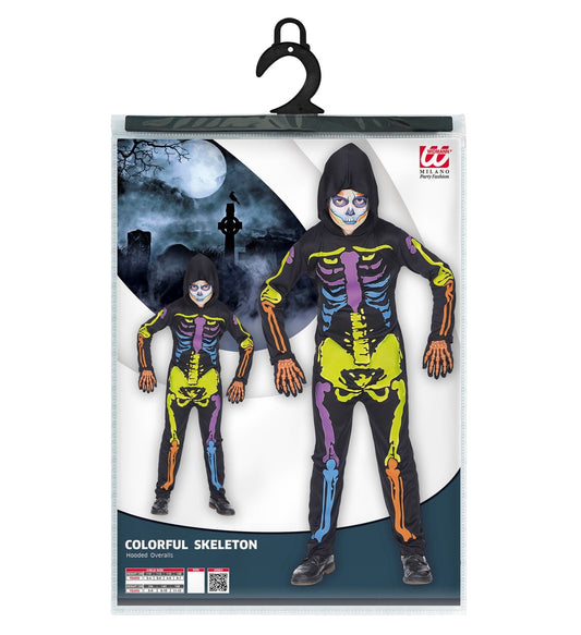 Buntes Skelettkostüm für Jungen in Schwarz mit farbigen Knochen und Kapuze.