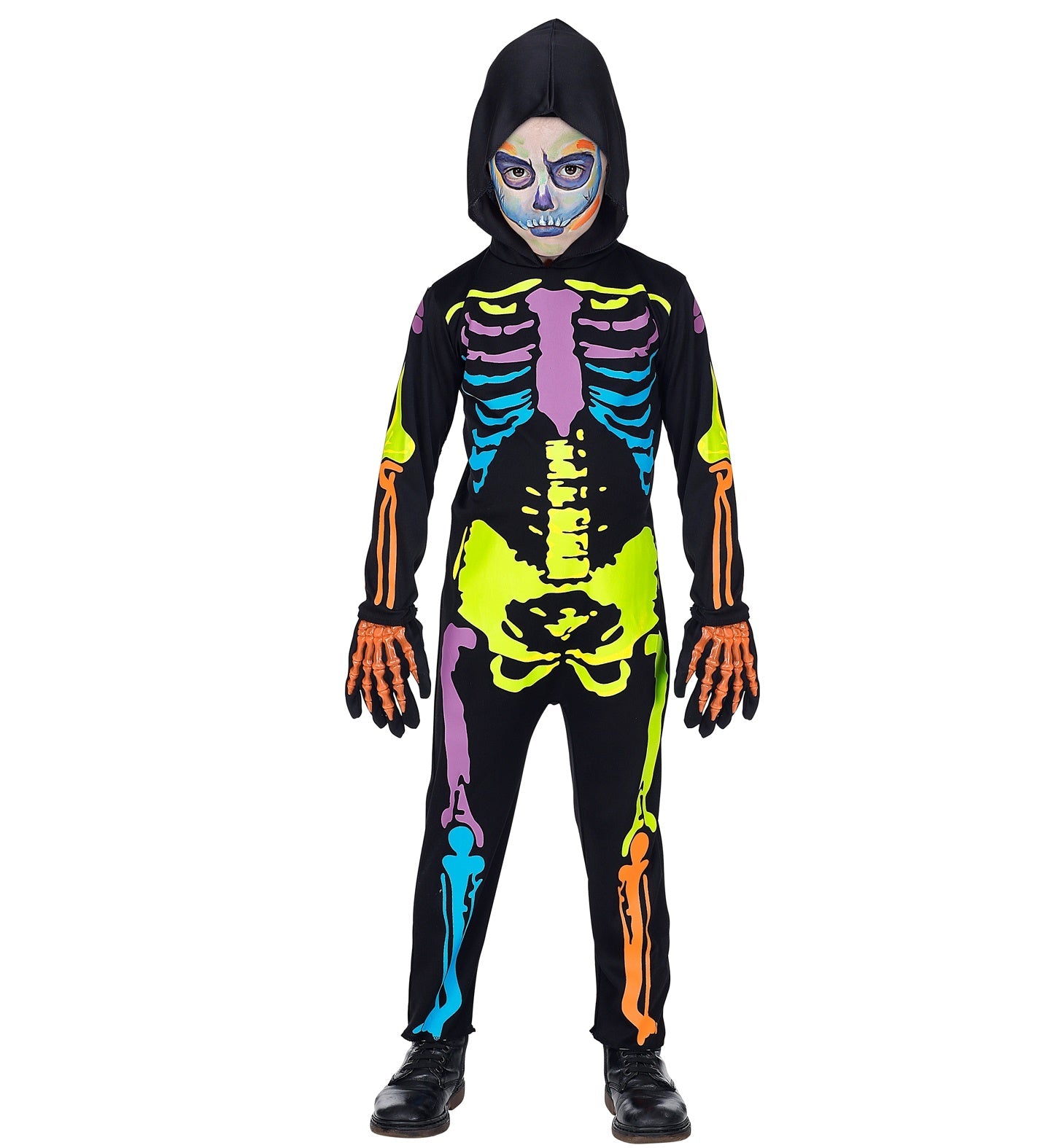 Buntes Skelettkostüm für Jungen aus schwarzem Stoff mit leuchtenden Knochenmotiven.