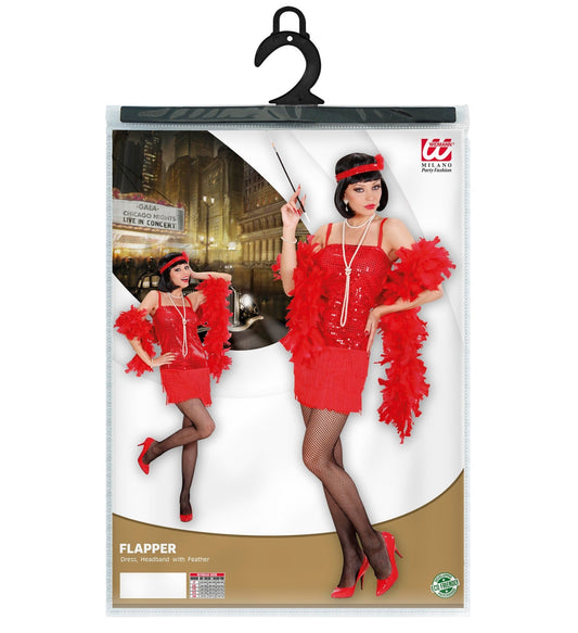 Rotes Charleston Damenkleid mit Federstirnband auf Haken verpackt.