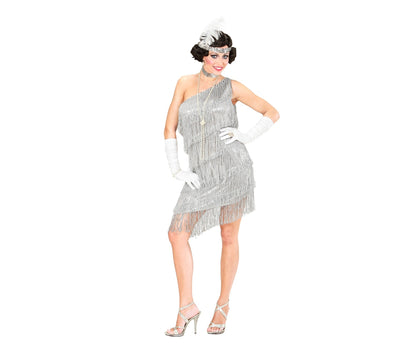"CHARLESTON" (Kleid, Pailletenhalsband, Stirnband mit Feder) – Vorderansicht