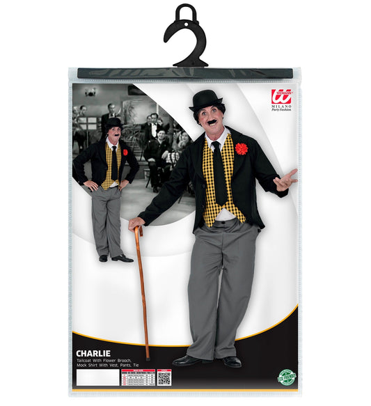 Herren Charlie Chaplin Kostüm mit Frack, Weste, Hose und Krawatte auf Verpackung.