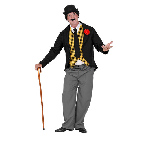 Herren-Charlie-Chaplin-Kostüm mit schwarzem Frack, gelber Weste, Hose und Krawatte.