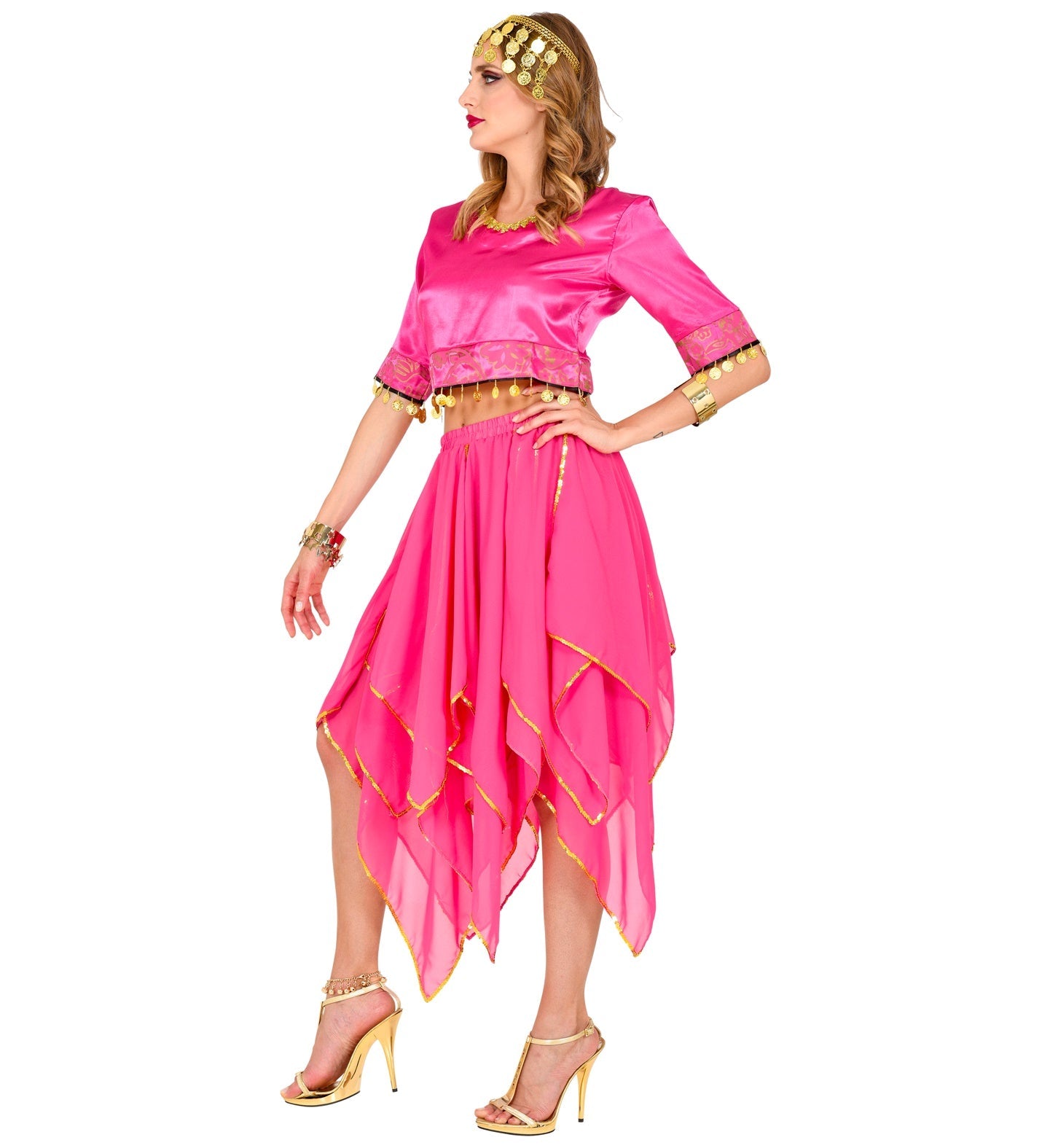 Leichter Chiffonrock in Pink mit goldfarbenem Saum, Onesize, fließend und elegant.