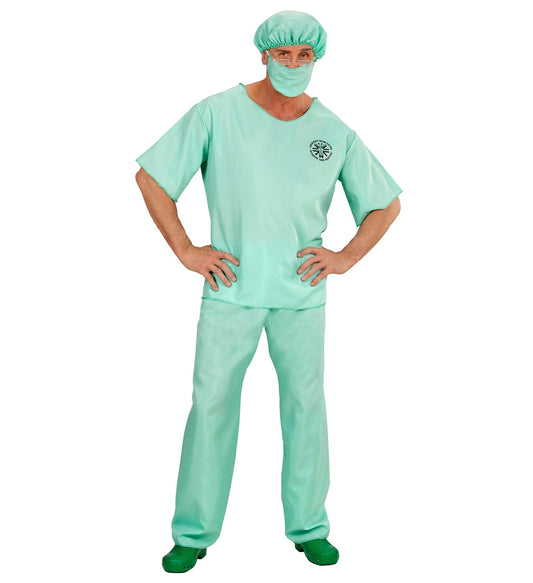 Mint-grünes Chirurgen Notarzt Kostüm für Herren, bestehend aus Oberteil, Hose, Haube und Maske.
