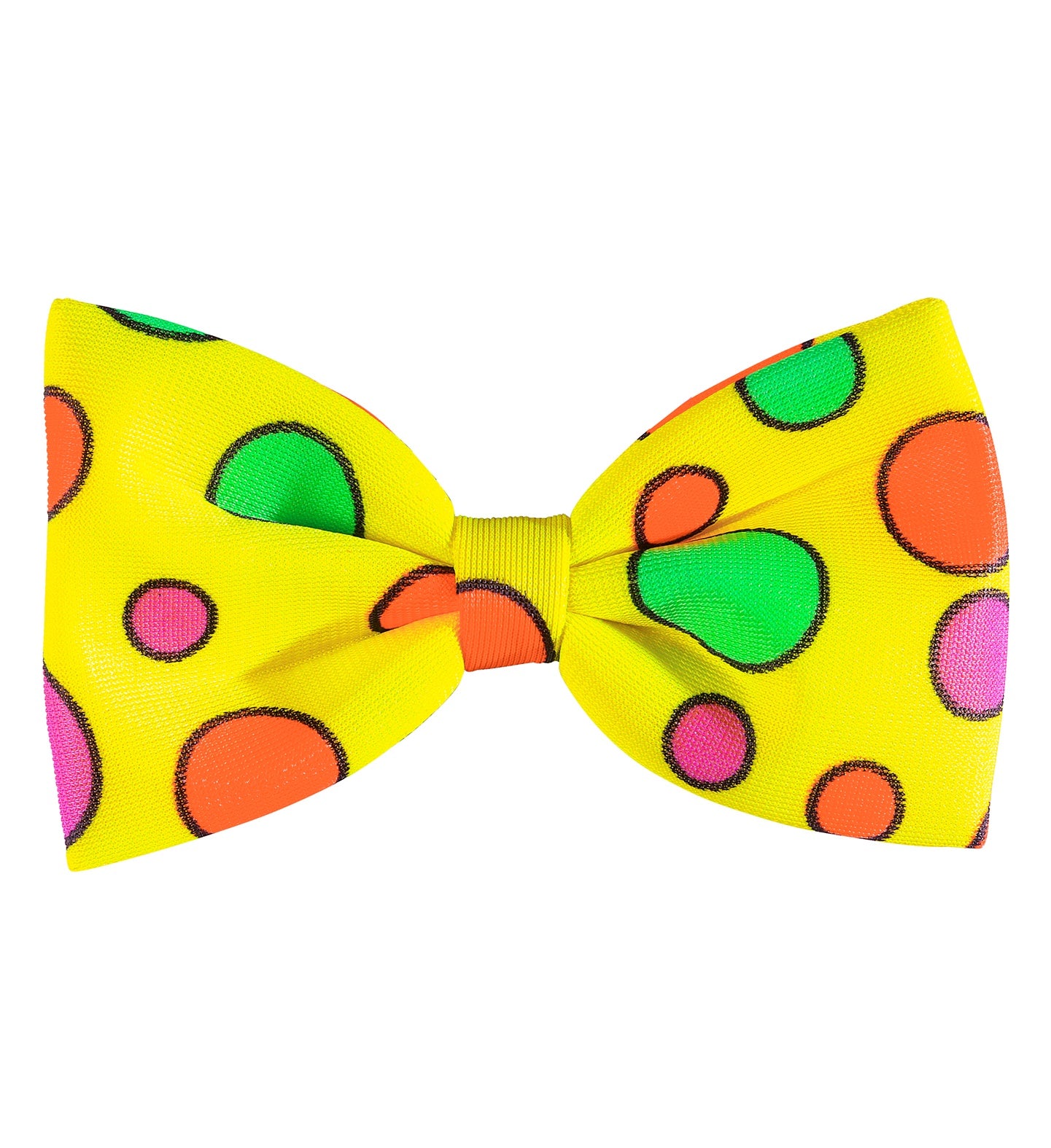Gelbe Clown-Schleife mit bunten Punkten, geeignet für Kinder und Erwachsene.