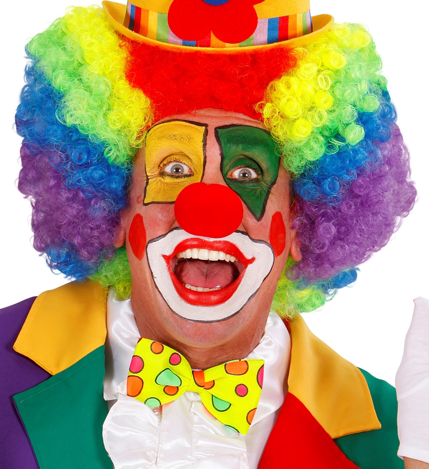 Gelbe Clown-Schleife mit bunten Punkten, geeignet für Kinder und Erwachsene.