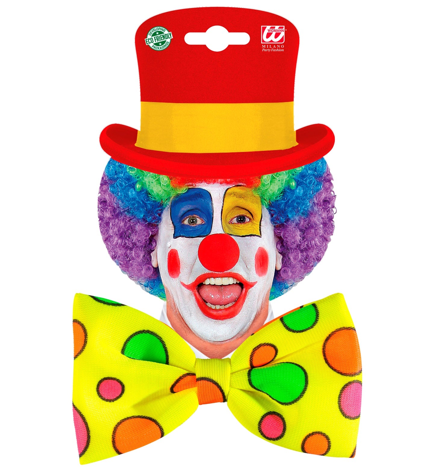 Gelbe Clown-Schleife mit bunten Punkten, geeignet für Kinder und Erwachsene.
