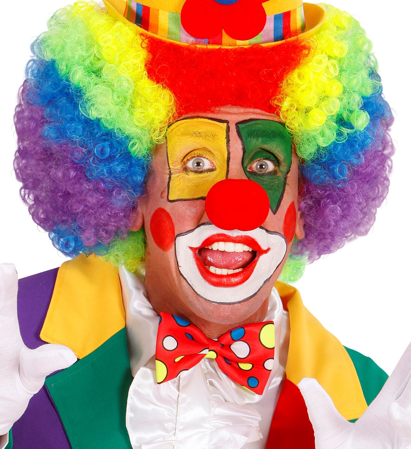 Rote Clown Fliege aus Polyester mit bunten Punkten und verstellbarem Riemen.