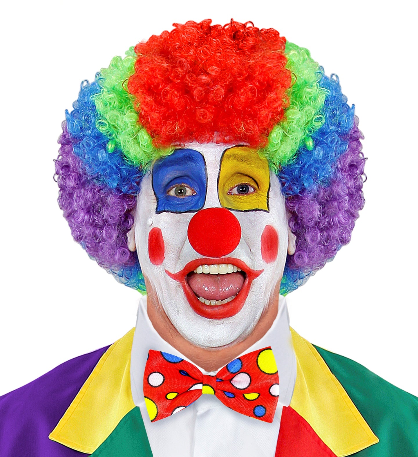 Rote Clown Fliege aus Polyester mit bunten Punkten und verstellbarem Trageband.