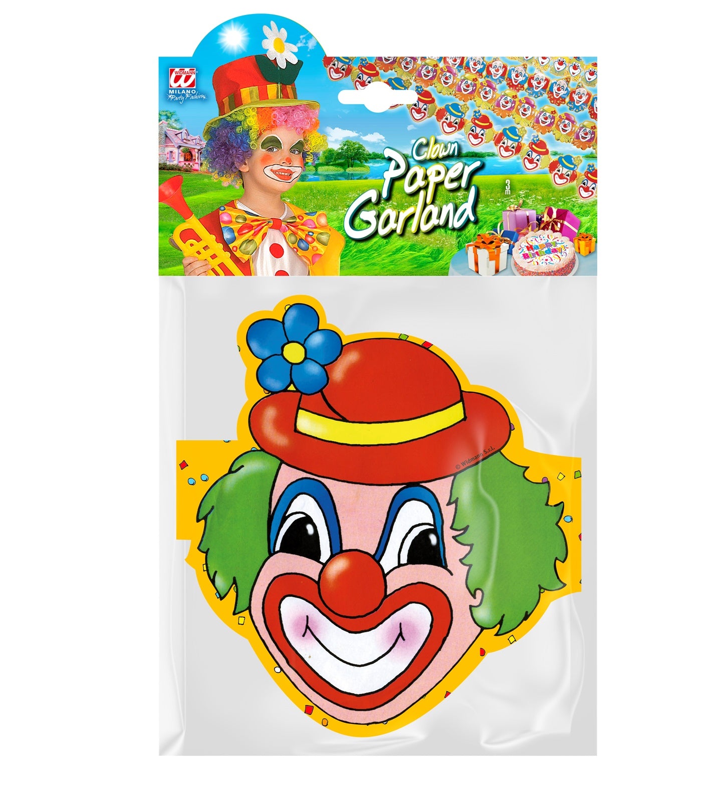 Bunte Clown-Girlande aus Karton auf 3 Meter langem Band zur Partydekoration