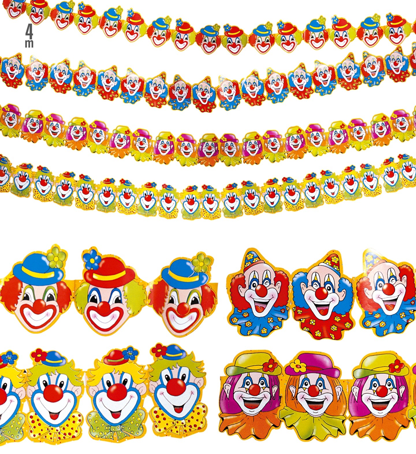 Bunte Clown-Girlande aus Karton auf stabiler Schnur, 3 Meter lang zur Wanddekoration.