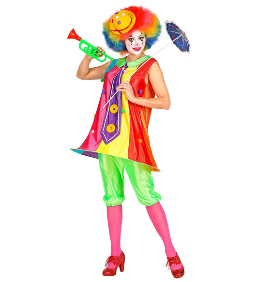 Woman in colorful Widmann clown costume with dress, hoop skirt, trousers, bow tie, red wig, horn, and umbrella.