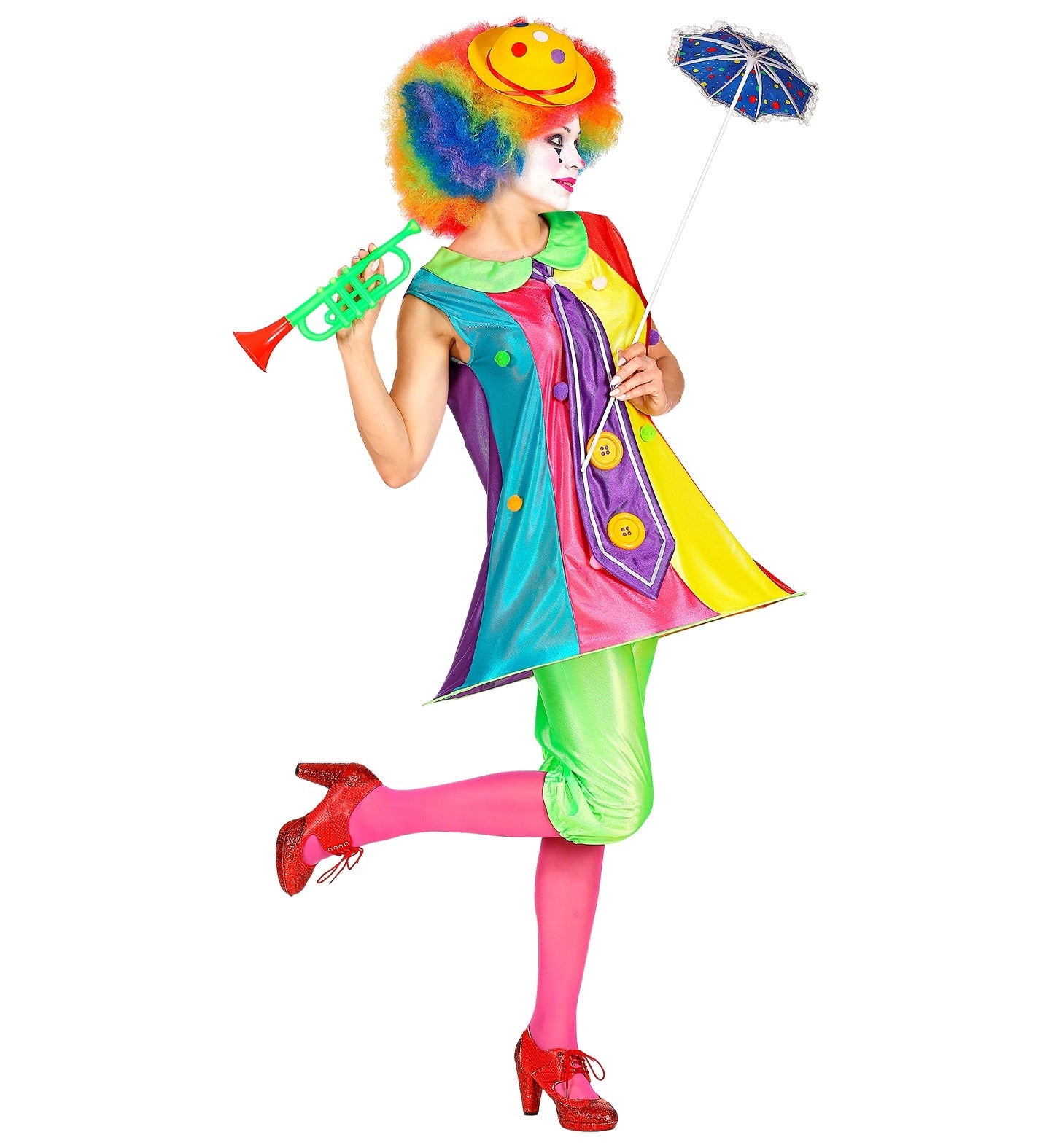 Woman in colorful clown costume with dress, hoop skirt, trousers, trumpet, umbrella, and red heels.