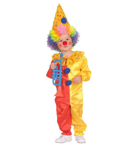 Buntes Clown Kostüm für Kleinkinder mit Oberteil, Hose und Hut in lebhaften Farben.