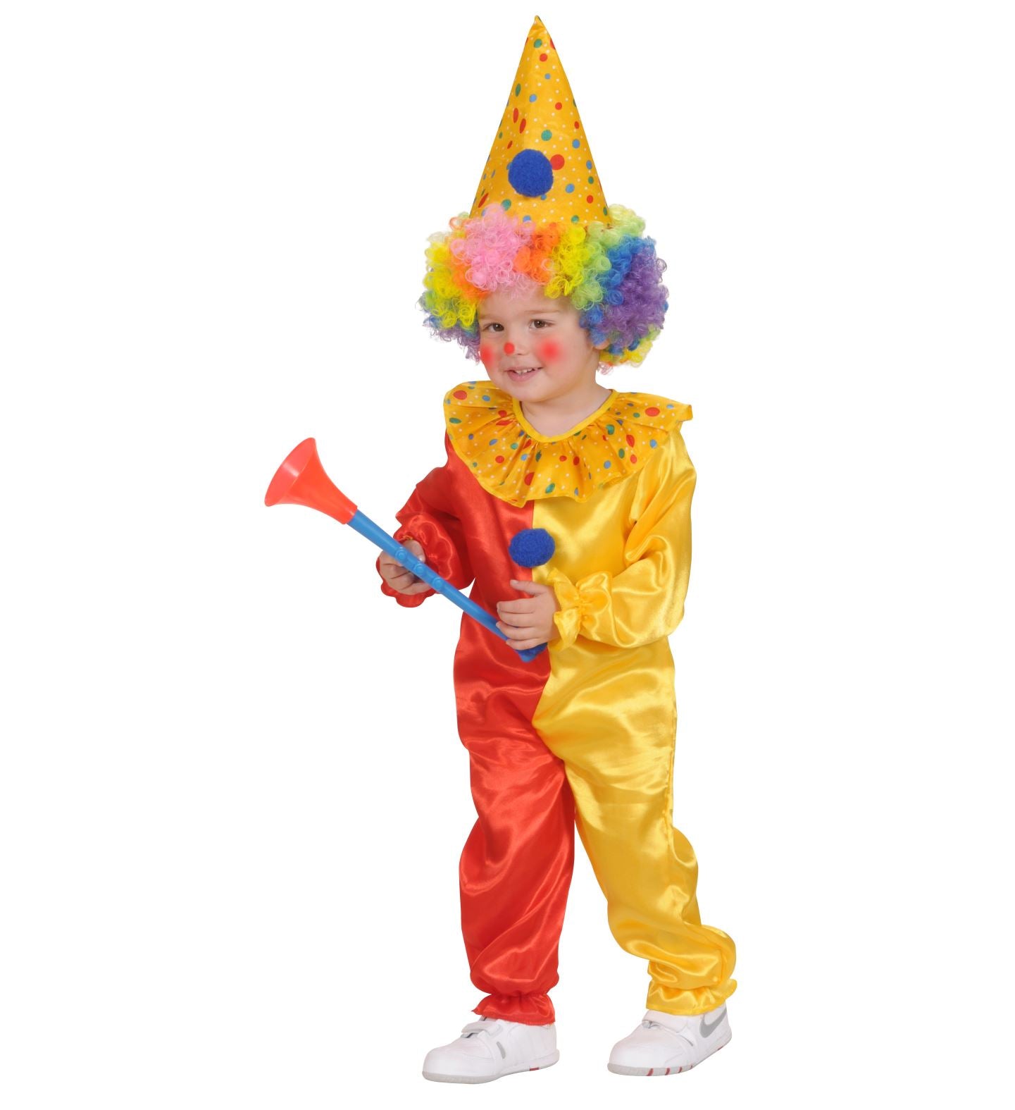 Buntes Clown Kostüm für Kleinkinder mit Oberteil, Hose und Hut in fröhlichen Farben.