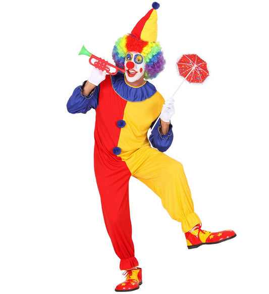 Man in red and yellow clown costume with hat, trumpet, and umbrella.
