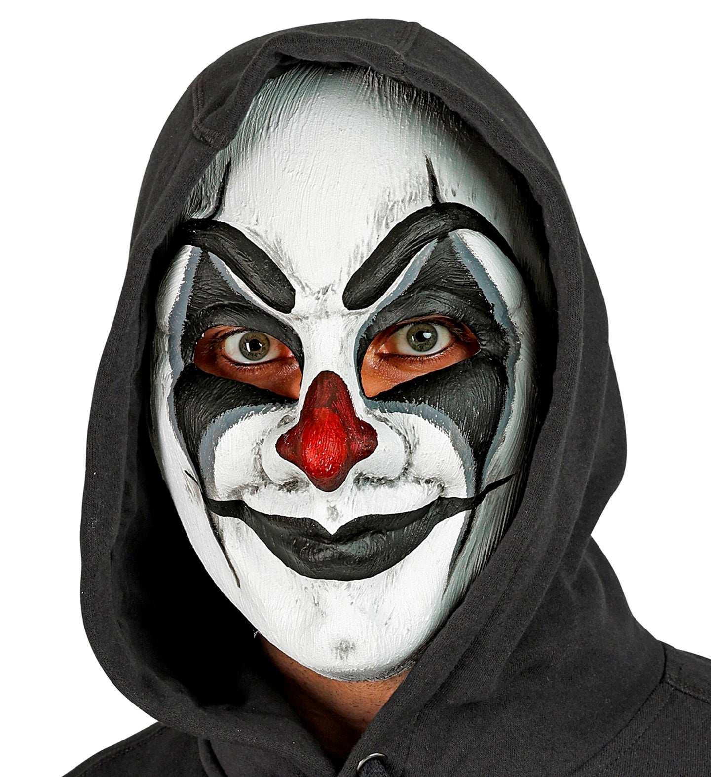 Schwarz-weiße Clownmaske aus Kunststoff mit elastischem Band und großen Augenöffnungen.