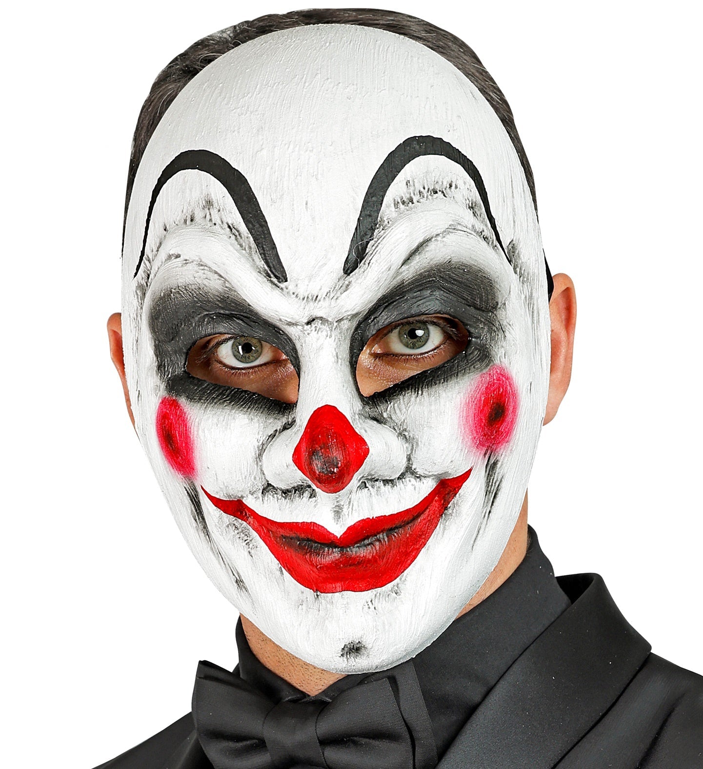 Widmann Clownmaske in Schwarz, Weiß und Rot aus PVC mit Harlekin-Muster und elastischem Band.