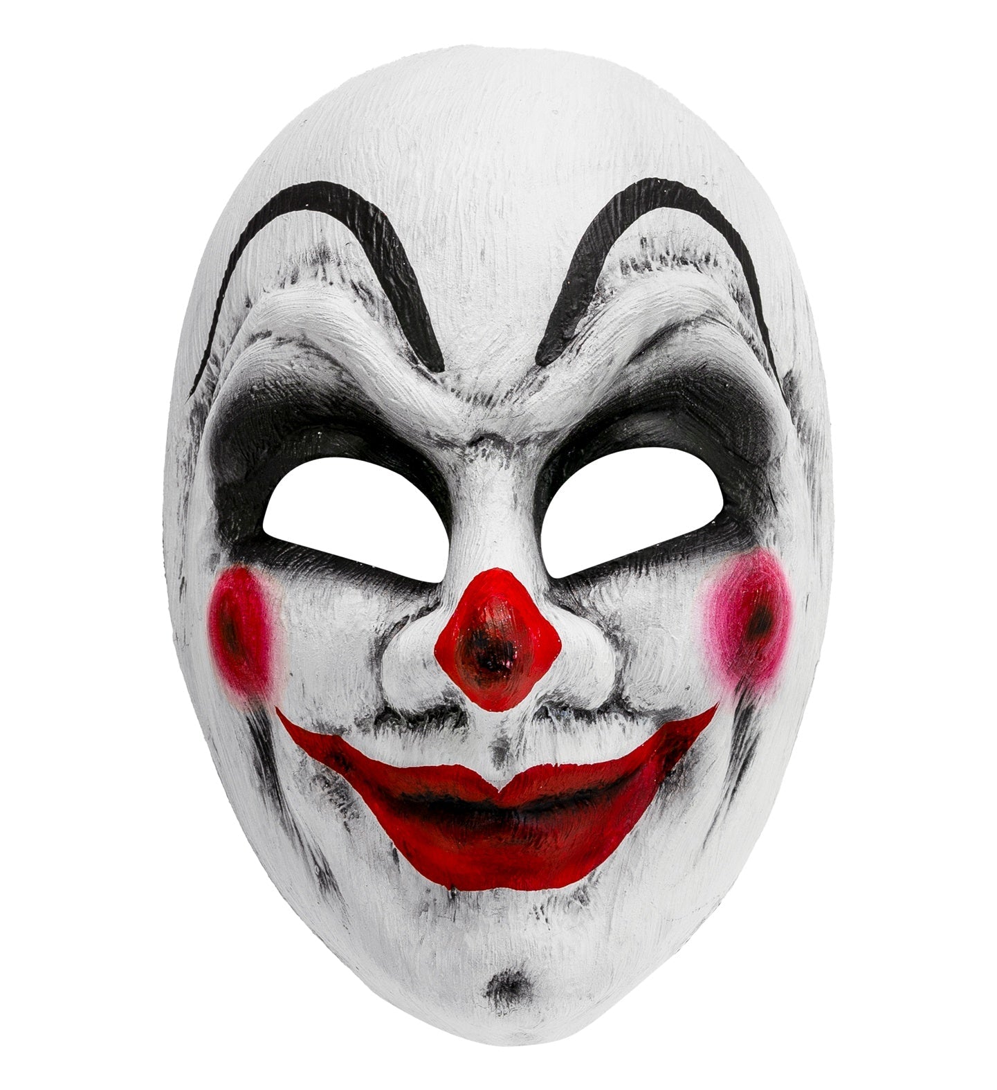 Schwarze, weiße und rote Harlekin-Clownmaske aus PVC mit elastischem Band und Luftschlitzen.