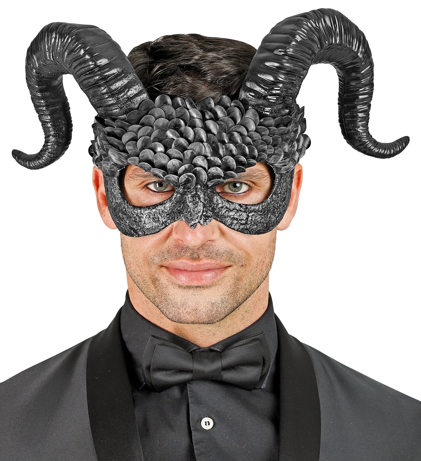 Schwarze PVC-Dämonmaske mit spitzen Hörnern und elastischem Band für sicheren Sitz