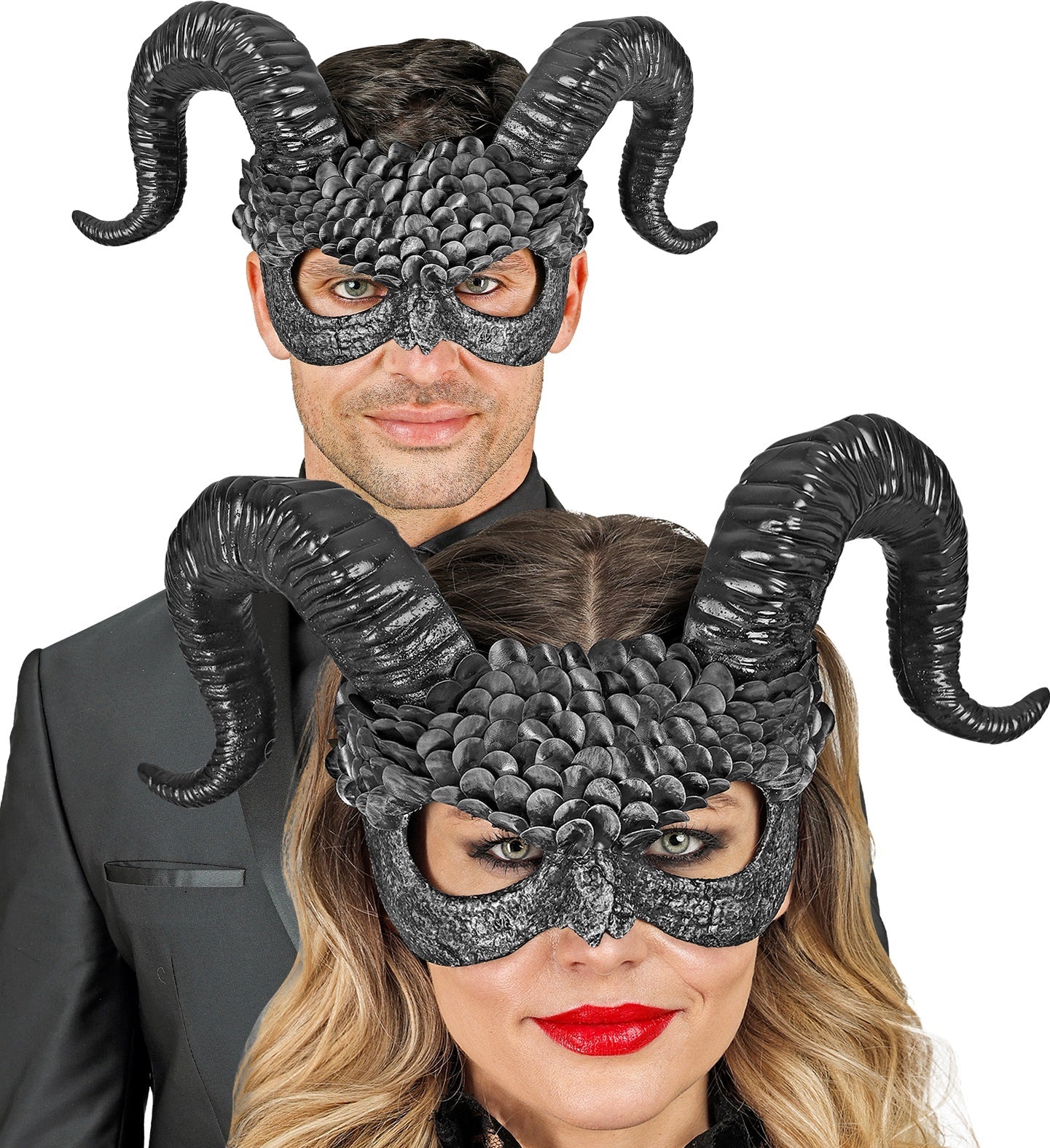 Schwarze PVC Dämonmaske mit elastischem Band und laser-cut Augenöffnungen für klare Sicht.