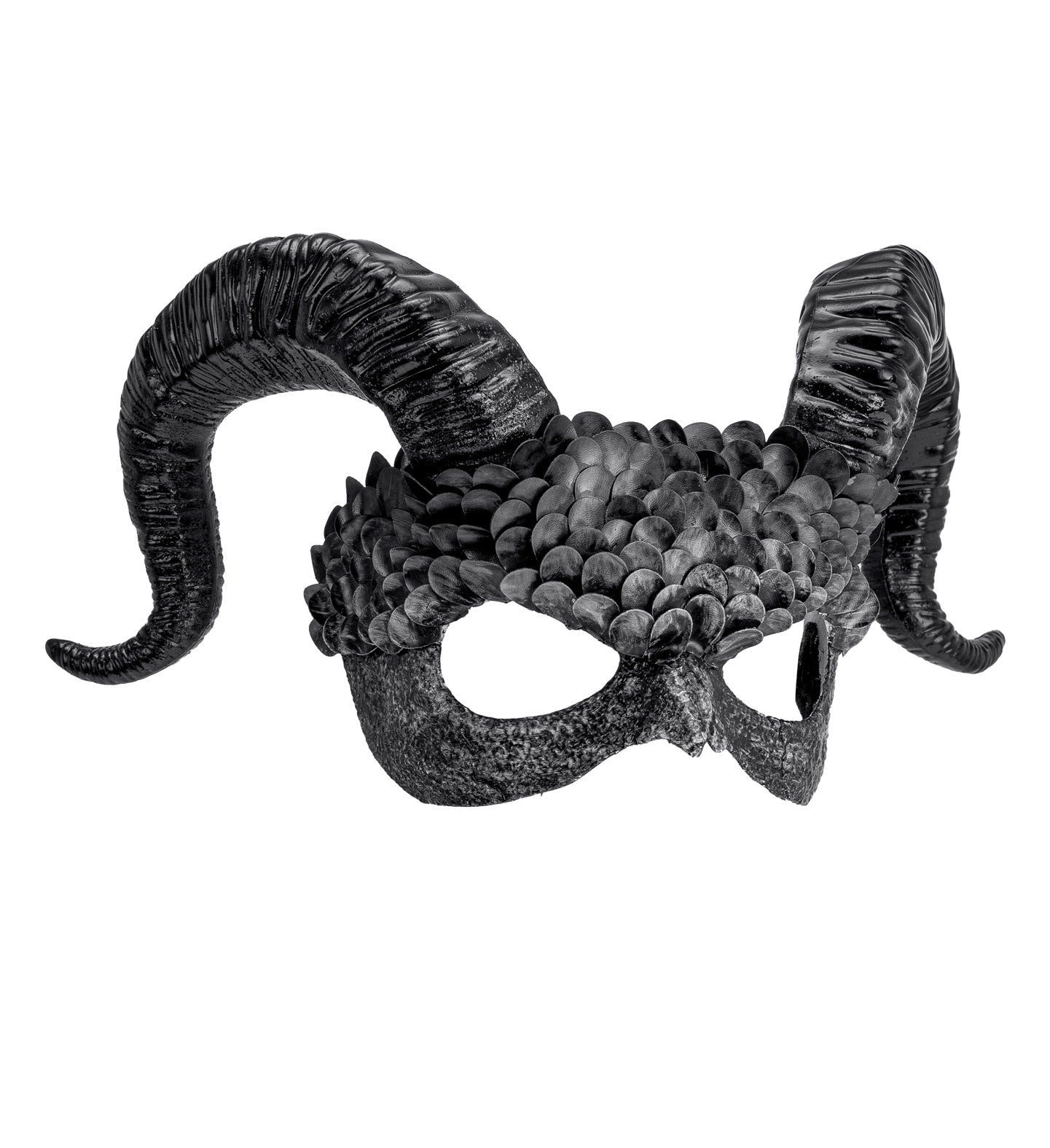 Schwarze PVC Dämonmaske mit elastischem Band und laser-cut Augenöffnungen.