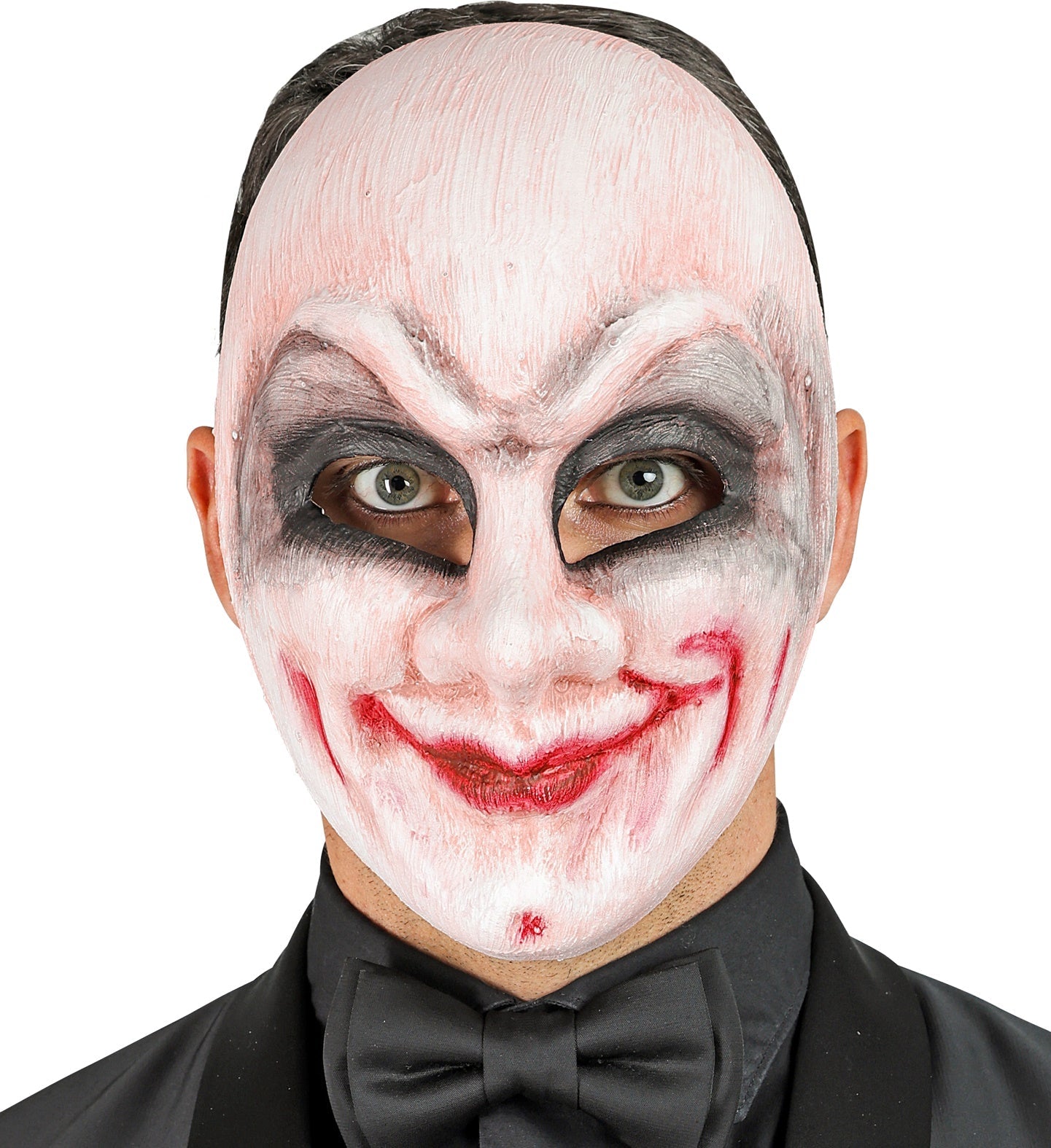 Vollmaske eines grinsenden Clowns in bunten Farben, handgemalt und aus leichtem PVC.