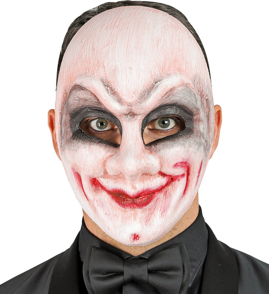 Vollmaske eines grinsenden Clowns in bunten Farben, handgemalt und aus leichtem PVC.