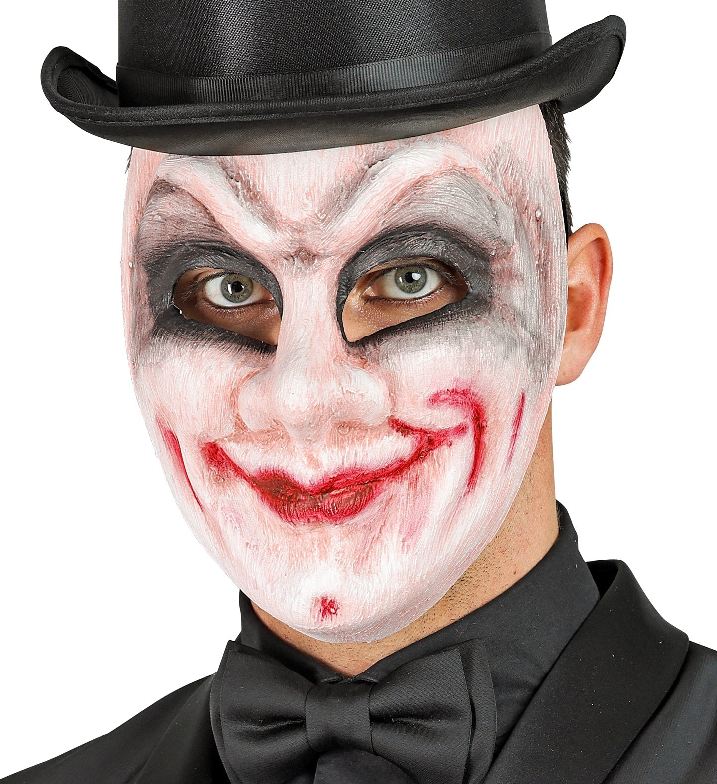 Vollgesichtsmaske eines lachenden Clowns mit breitem Grinsen in Weiß und Rot aus PVC.