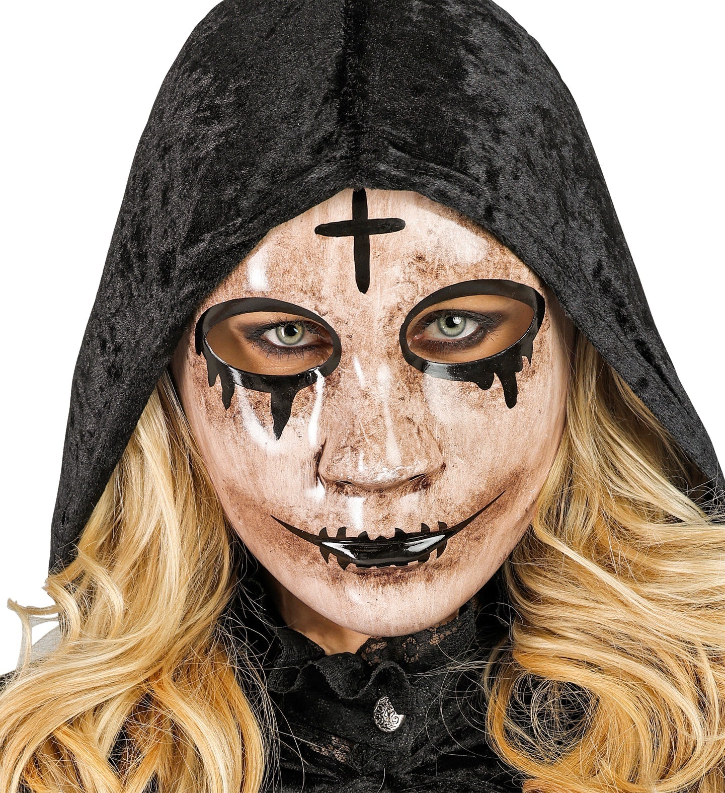 Schwarze Commedia Dell'Arte Phantom Maske aus Kunststoff mit großen Augenöffnungen und elegantem Design