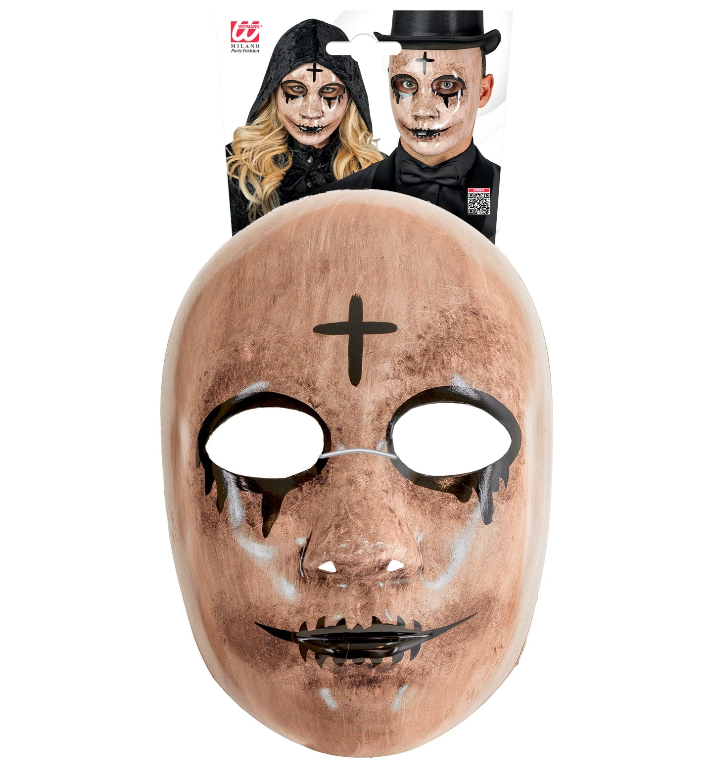 Schwarze Plastikmaske im Phantom-Stil für Theater und Karneval, mit großen Augenöffnungen.