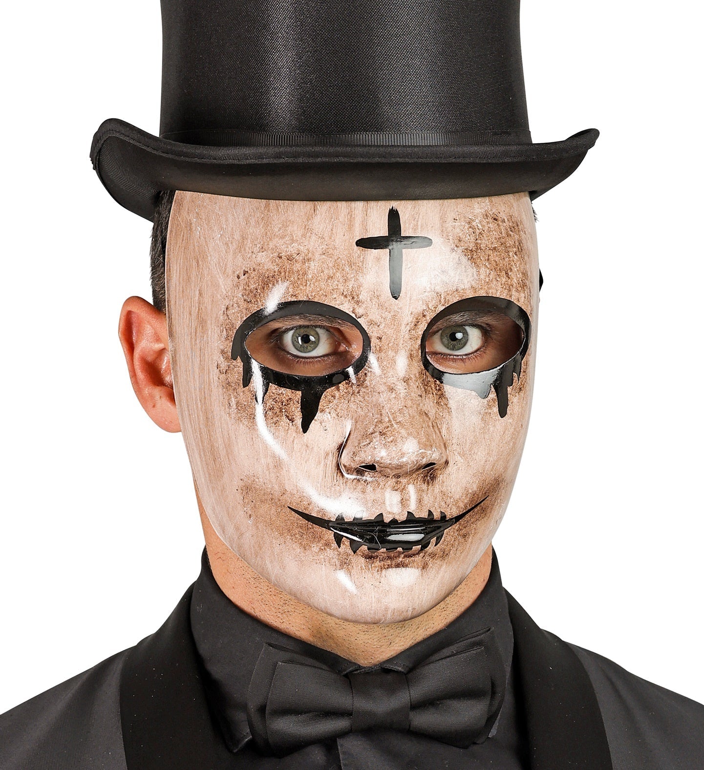 Schwarze Phantom Maske aus Kunststoff mit großen Augenöffnungen für klare Sicht.