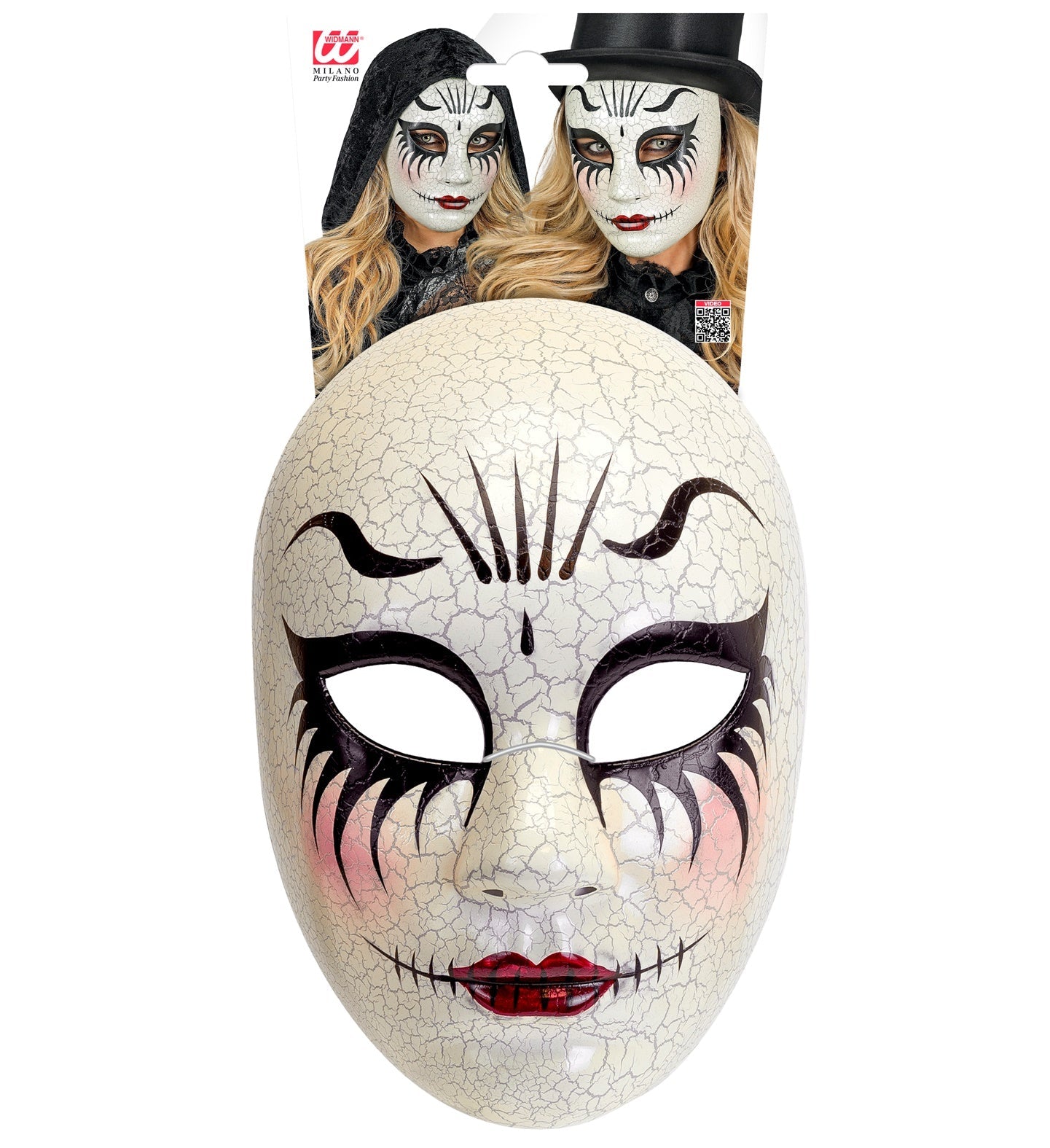 Widmann Commedia Dell'Arte Maske mit rissigem Gesicht in antikem Finish und elastischem Band.