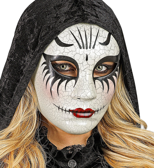 Widmann Commedia Dell'Arte Maske mit rissigem Gesicht in antikem Finish aus leichtem Harz.