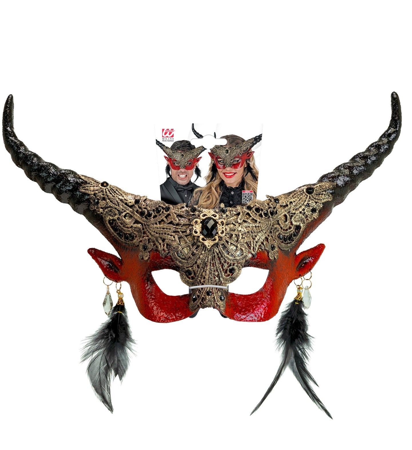 Rote Teufelsmaske mit Hörnern, aus Kunststoff, große Augenöffnungen für gute Sicht.