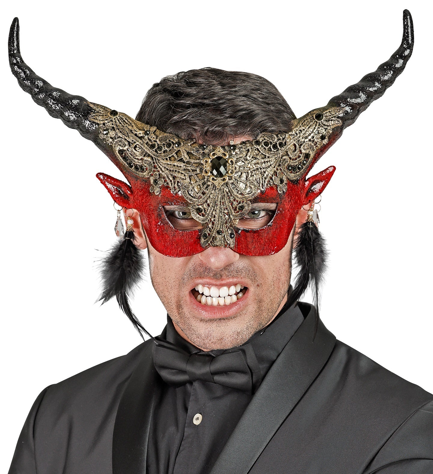Rote Teufelsmaske mit Hörnern, große Augenöffnungen und elastischem Band für sicheren Sitz.