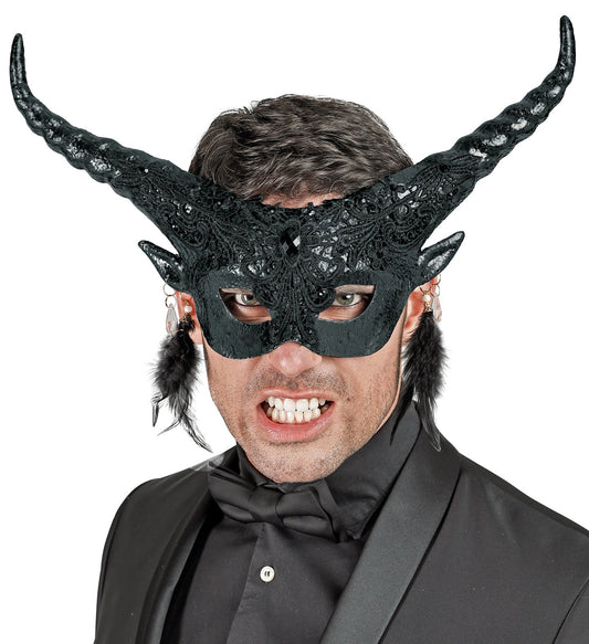 Schwarze Teufelsmaske mit Hörnern, handbemalt, elastisches Band für bequemen Sitz.
