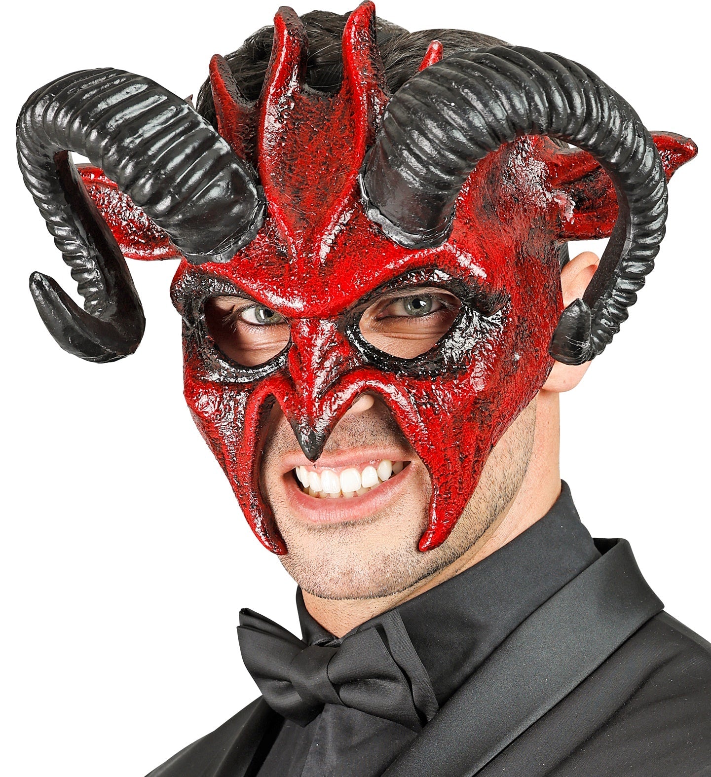 Rote Commedia Dell'Arte Teufelsmaske mit Hörnern und grimmigem Gesichtsausdruck für Erwachsene