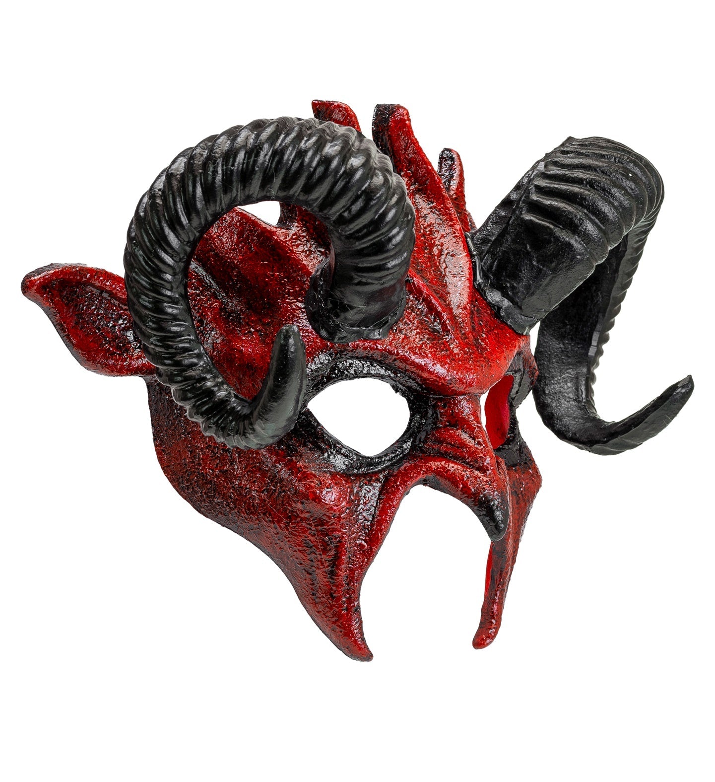 Rote Teufelsmaske im Commedia Dell'Arte Stil mit grinsendem Gesicht und bequemen Tragebügeln.