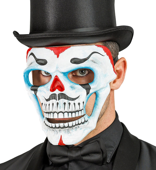 Halbmaske Totenkopf-Clown in Weiß und Schwarz mit roten Akzenten und Gummiband zum Befestigen